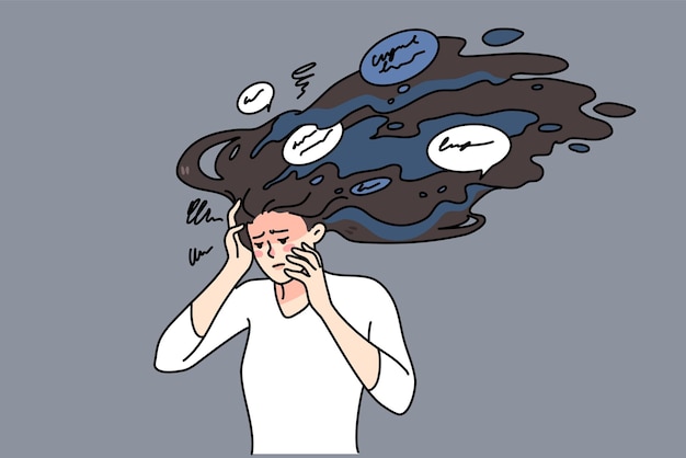 Unhappy stressed woman with paranoid thoughts in mind Upset distressed girl suffer from panic stressful ideas have psychological mental problems Counseling concept Vector illustration