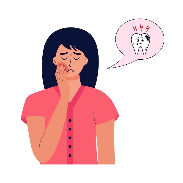 Unhappy woman holding her cheek and suffering from toothache Cute cartoon tooth with caries