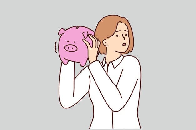 Unhappy woman with piggybank stressed with finances