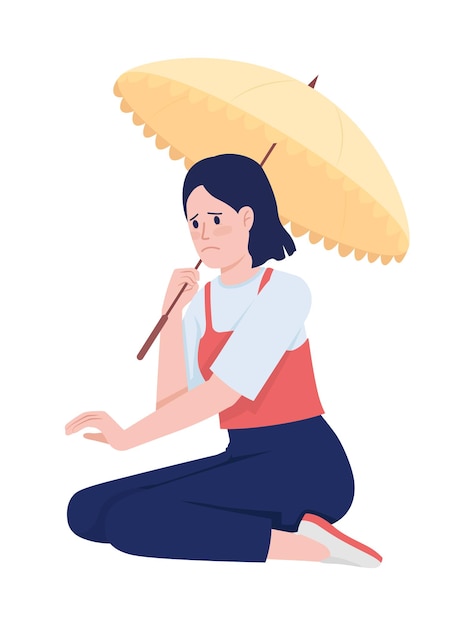 Unhappy woman with umbrella sitting semi flat color vector character