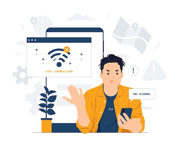 Unhappy young man looking at the phone feeling angry about bad device work internet disconnection lost data Anxious male user dissatisfied with service concept illustration