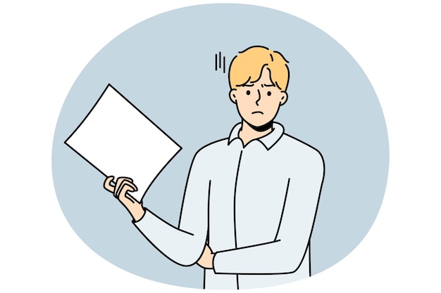 Unhappy young man stand with white paper document Dissatisfied businessman with paperwork in hands frustrated with results Vector illustration