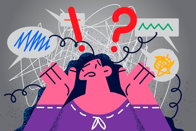 Unhappy young woman feel frustrated having mess and chaos in head. Upset confused female think of problem solution. Psychological mental disorder. Flat vector illustration.