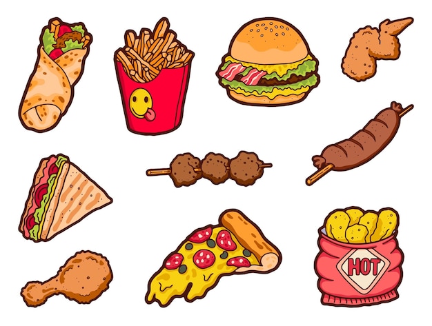 Unhealthy food Cartoon junk food with hot dog burger and sweet drinks Vector food set