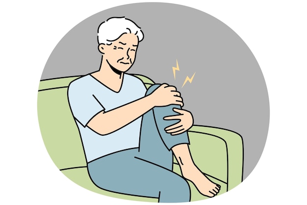 Unhealthy old man sit on couch suffer from knee pain Unwell sick elderly grandfather struggle with rheumatism Vector illustration