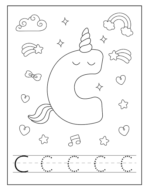 Unicorn alphabet coloring page for little students