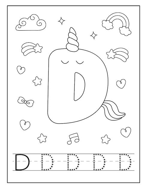 Unicorn alphabet coloring page for little students