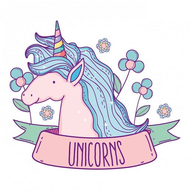 Unicorn animal with hairstyle and flowers plants