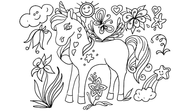 Unicorn animals flowers plants fairy world Coloring book for children cute character