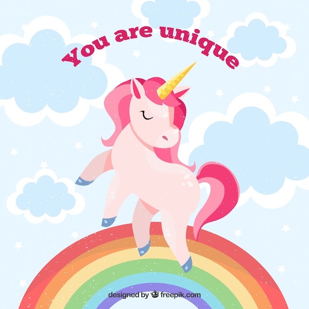 Unicorn background with rainbow and "you are unique" message 