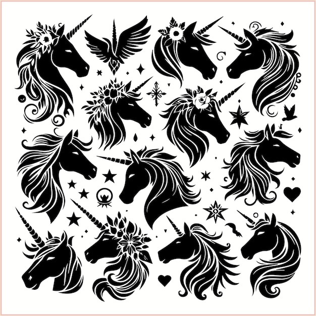 unicorn bundle silhouette vector black image in a white background