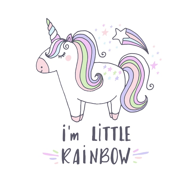 Unicorn card illustration. Poster, postcard, print, sticker, label. Vector