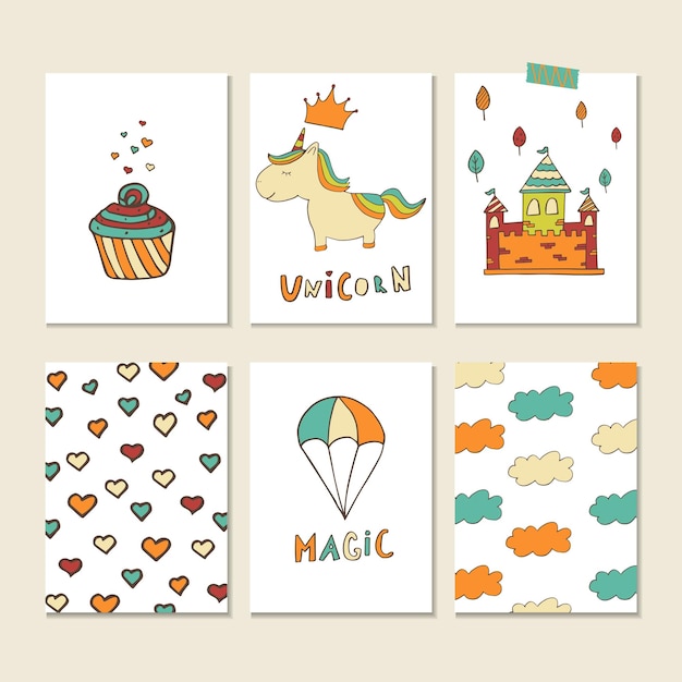 Unicorn cards with heart, cake, cloud, castle, rainbow and other symbols.  Vector stickers for children room, nursery decor, interior design.