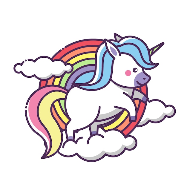 unicorn cartoon character over the cloud with rainbow background