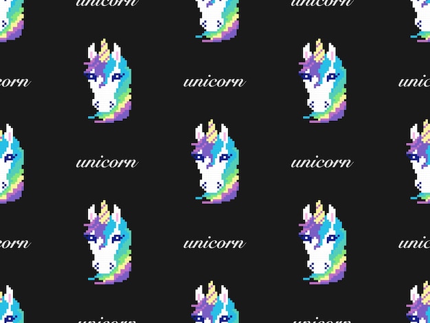 Unicorn cartoon character seamless pattern on black background Pixel style