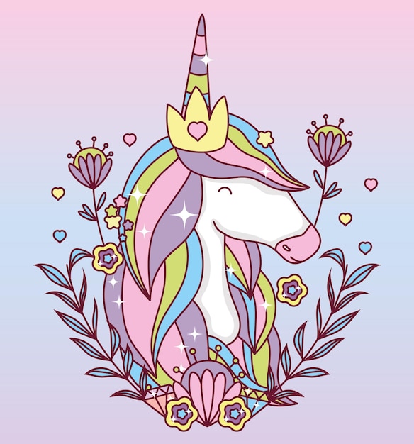 Unicorn cartoon with leaves wreath design, magic fantasy fairytale childhood animal fairy wild cute and lovely