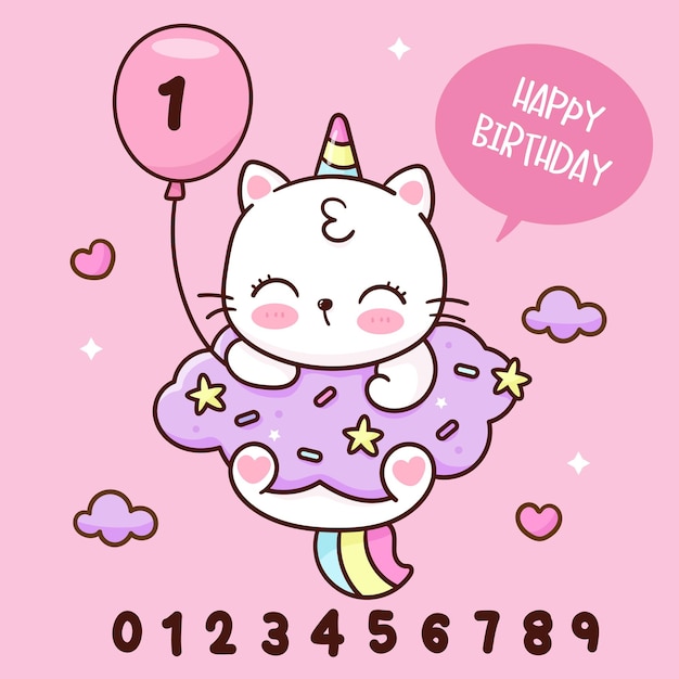 Unicorn cat holding Birthday balloon in candy cotton cloud