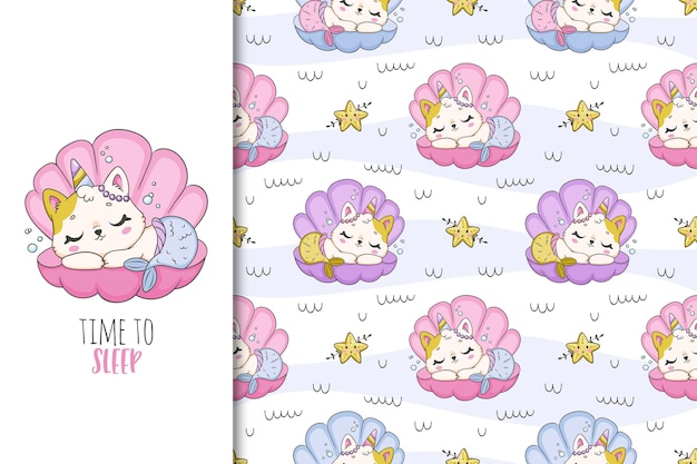 Unicorn cat mermaid sleep in a shell cartoon vector illustration seamless pattern