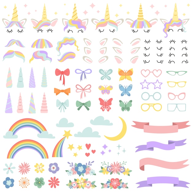 Unicorn constructor. Pony mane styling bundle, unicorns horn and party star glasses. Flowers, magic rainbow and head bows vector set