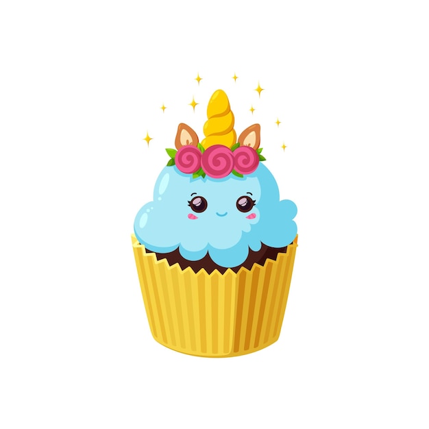 Unicorn cupcake with shiny icing Fairy kawaii cake in paper cup