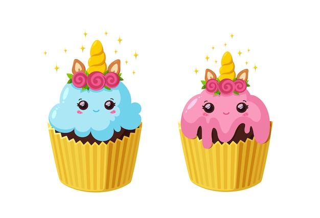 Unicorn cupcakes with shiny icing Kawaii fairy cake in paper cup Tasty desserts with horn and eyes