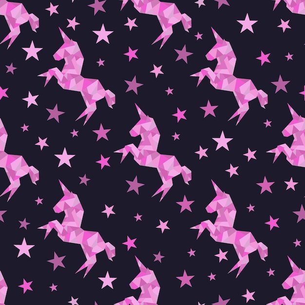 Unicorn cute in origami low-polygonal style. Seamless colorful pattern