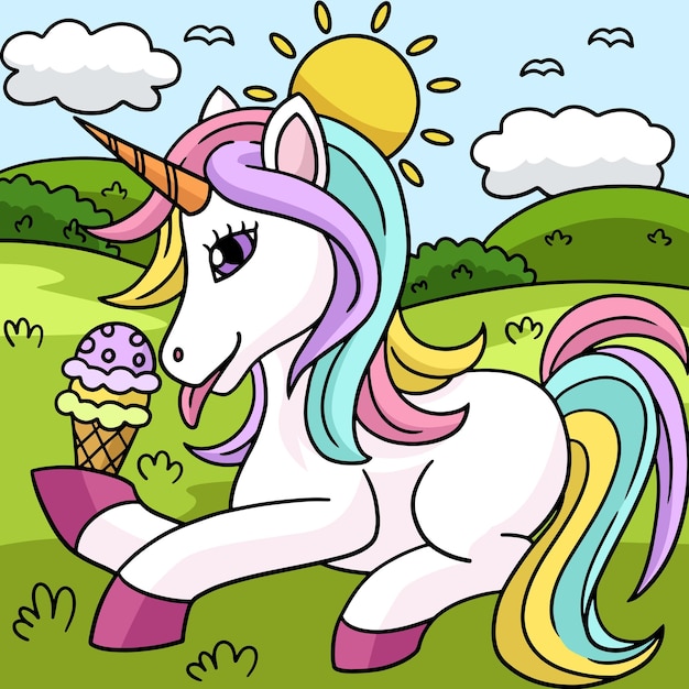 Unicorn Eating Ice Cream Colored Illustration