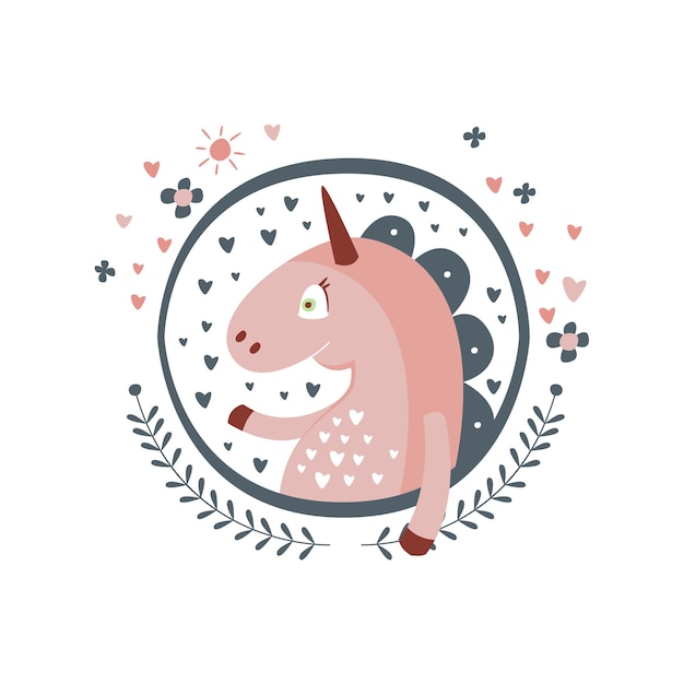 Vector unicorn fairy tale character girly sticker in round frame