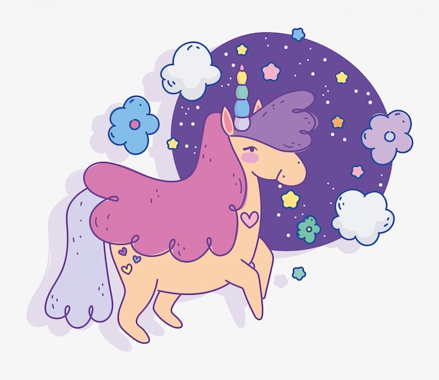 Unicorn flowers clouds stars fantasy magic cartoon