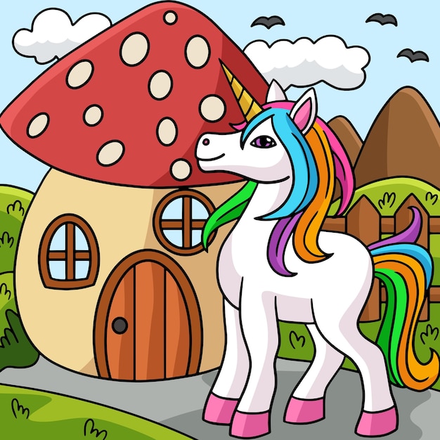 Unicorn In Front Of Mushroom Colored Illustration