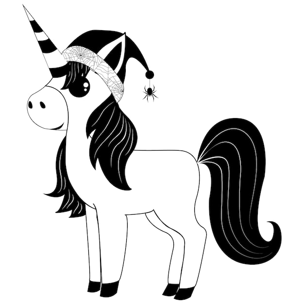 Unicorn in a hat with a spider Halloween theme For your design