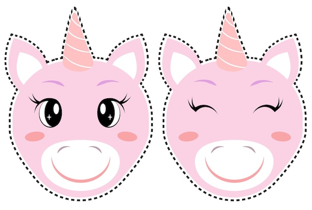 Vector unicorn head sticker isolated with different emotions