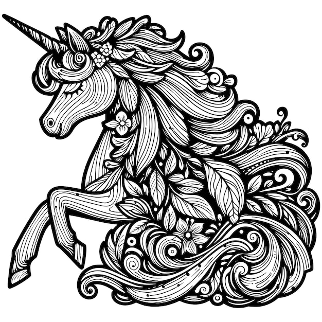 Unicorn head with a beautiful mane wood texture coloring book vector generative ai