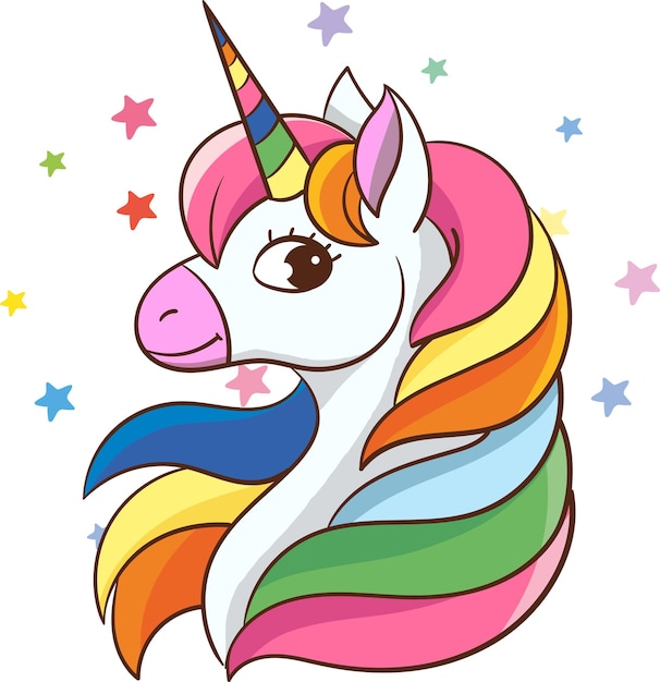 Unicorn head with rainbow mane cute cartoon style drawing vector illustration