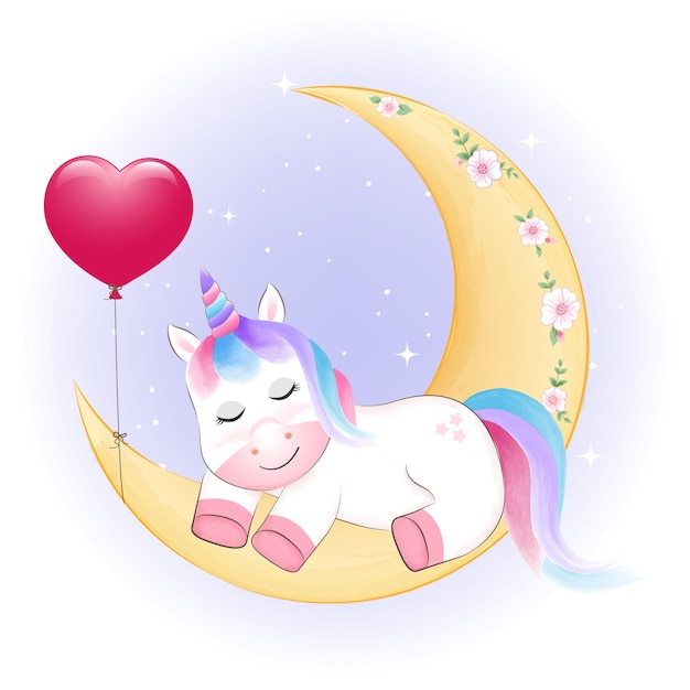 Unicorn and heart balloon sleeping on the moon