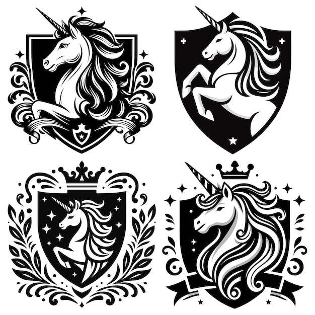 Unicorn heraldic crests vector illustration black and white perfect for fantasythemed designs