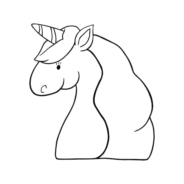 Unicorn horse with horn and long mane and tail in profile mystical animal halloween doodle linear cartoon coloring book