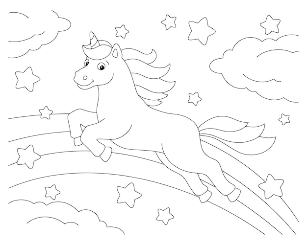 The unicorn jumps along the rainbow Coloring book page for kids