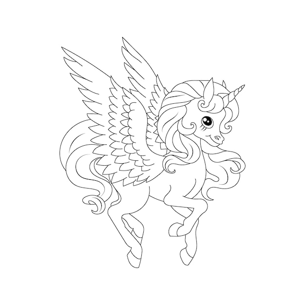 Unicorn kids coloring page vector blank printable design for children to fill in Free Vector