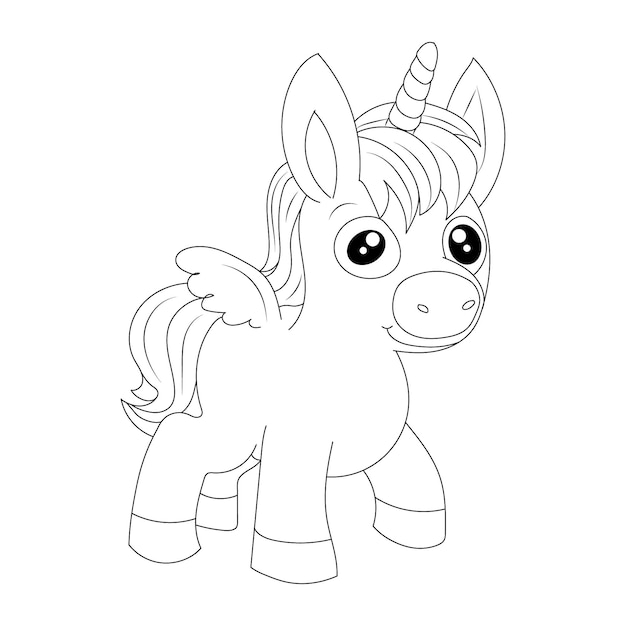 Unicorn kids coloring page vector blank printable design for children to fill in Free Vector