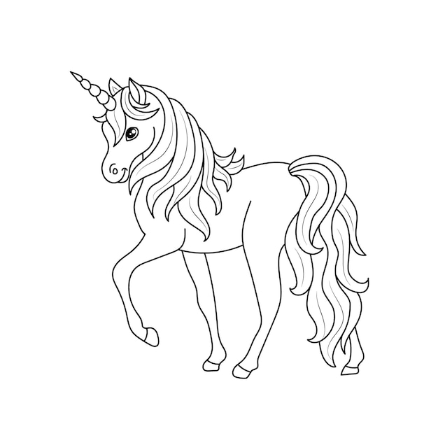 Unicorn kids coloring page vector blank printable design for children to fill in Free Vector