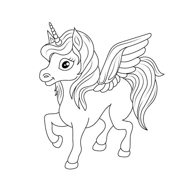 Unicorn kids coloring page vector blank printable design for children to fill in Free Vector