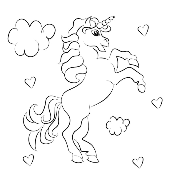 Unicorn kids coloring page vector blank printable design for children to fill in Free Vector