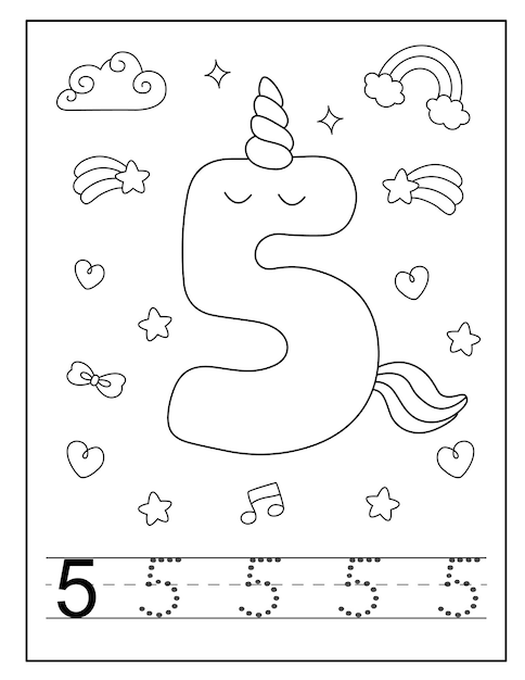 Unicorn number coloring page for little students