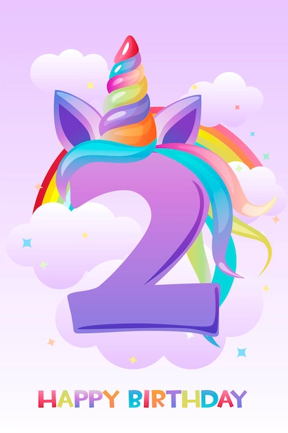 Unicorn number two years old, happy birthday greeting card