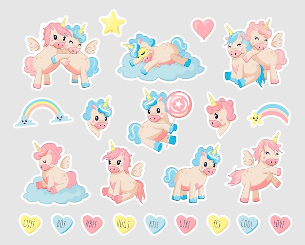 Unicorn patch Cartoon baby animals with horns and wings Pegasus and ponies play on clouds and sleep on rainbow Fairy tale characters and lettering vector web stickers design set