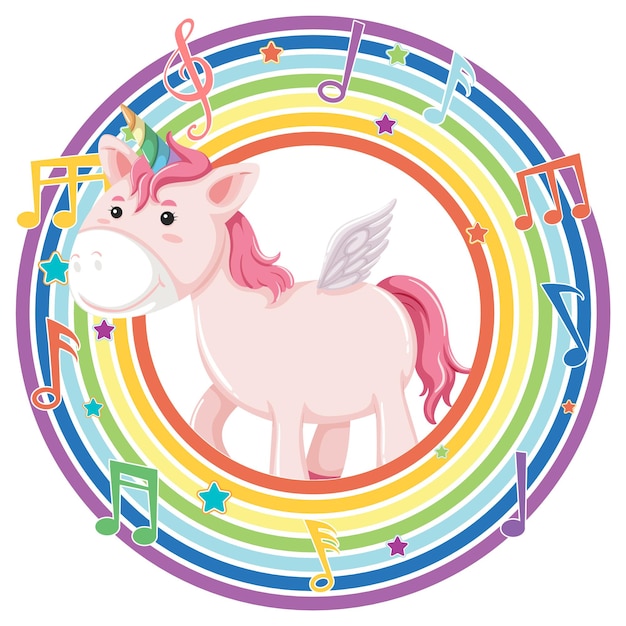 Unicorn in rainbow round frame with melody symbol