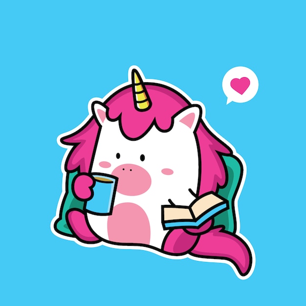 Unicorn read book with coffee