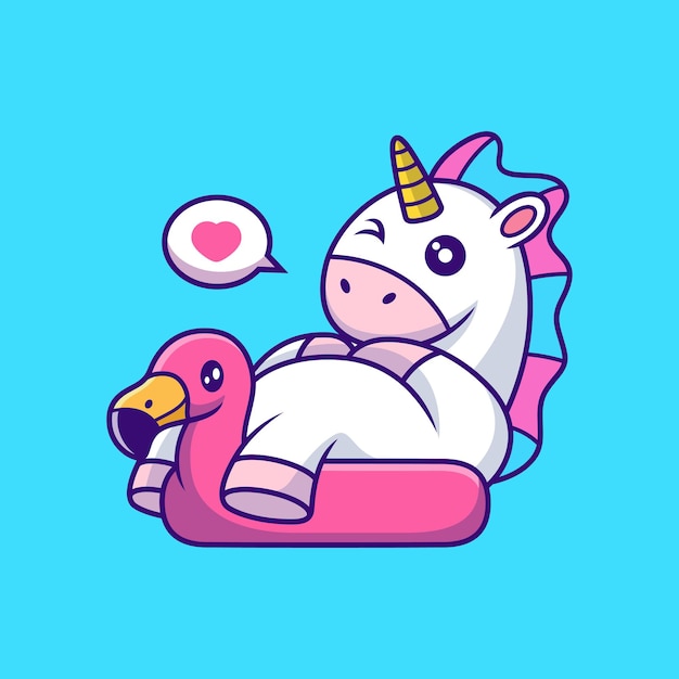 unicorn relax on flamingo tires cartoon. summer vector icon illustration, isolated on premium vector