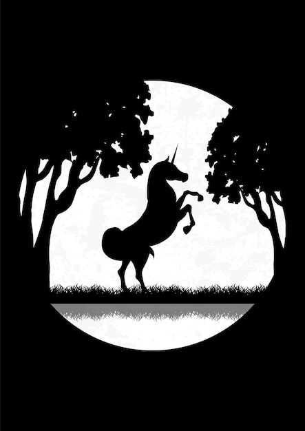 Unicorn silhouette standing in dusk meadow Fairy tale meadow landscape